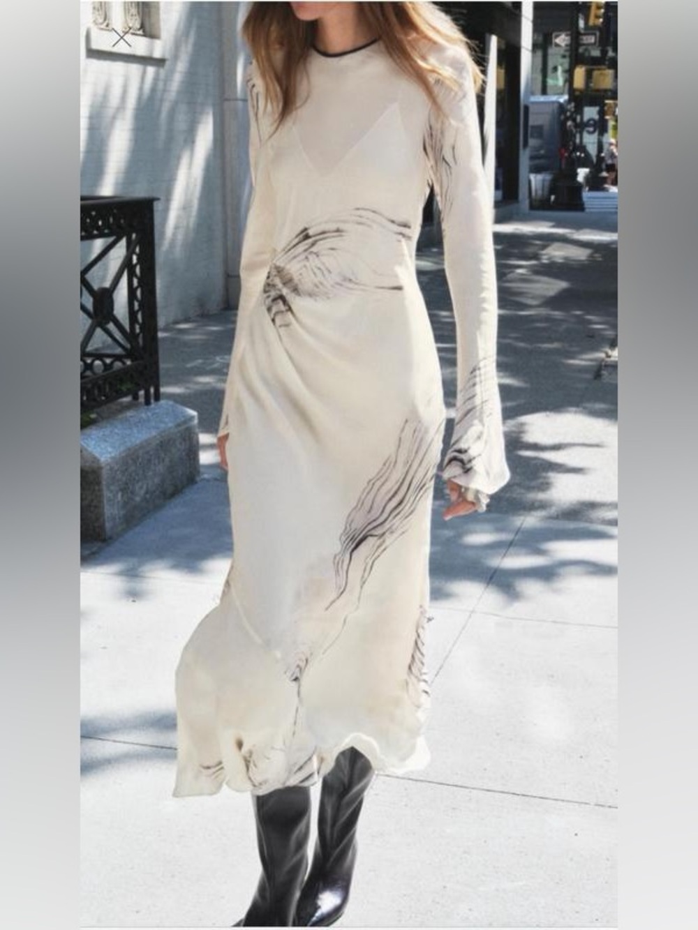 Zara Cream Long-Sleeve Abstract Print Maxi Dress with Black Trim - Picture 11 of 13